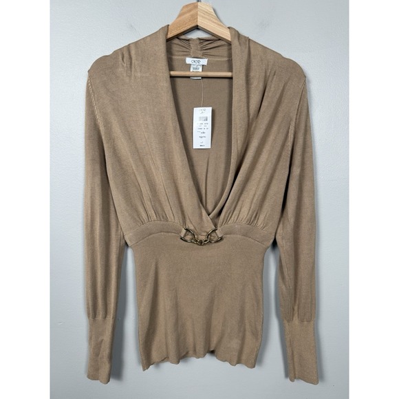 NWT Cache Honey Tan Sweater Deep V Neckline Metal Chain Cinched Y2K Women's Lg - Picture 1 of 9
